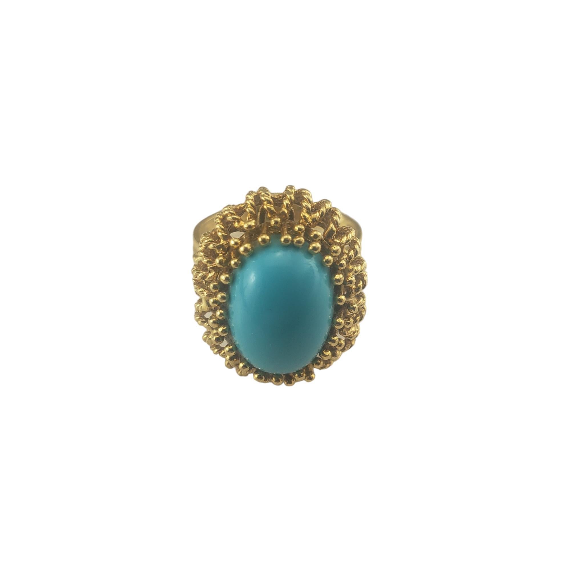 Vintage 18 Karat Yellow Gold Turquoise Ring Size 6.5

This lovely ring features one oval cabochon turquoise stone (14 mm x 10 mm) set in beautifully detailed 18K yellow gold.  

Width: 21 mm.  

Shank: 3 mm.

Ring Size: 6.5

Stamped: 18K

Weight:
