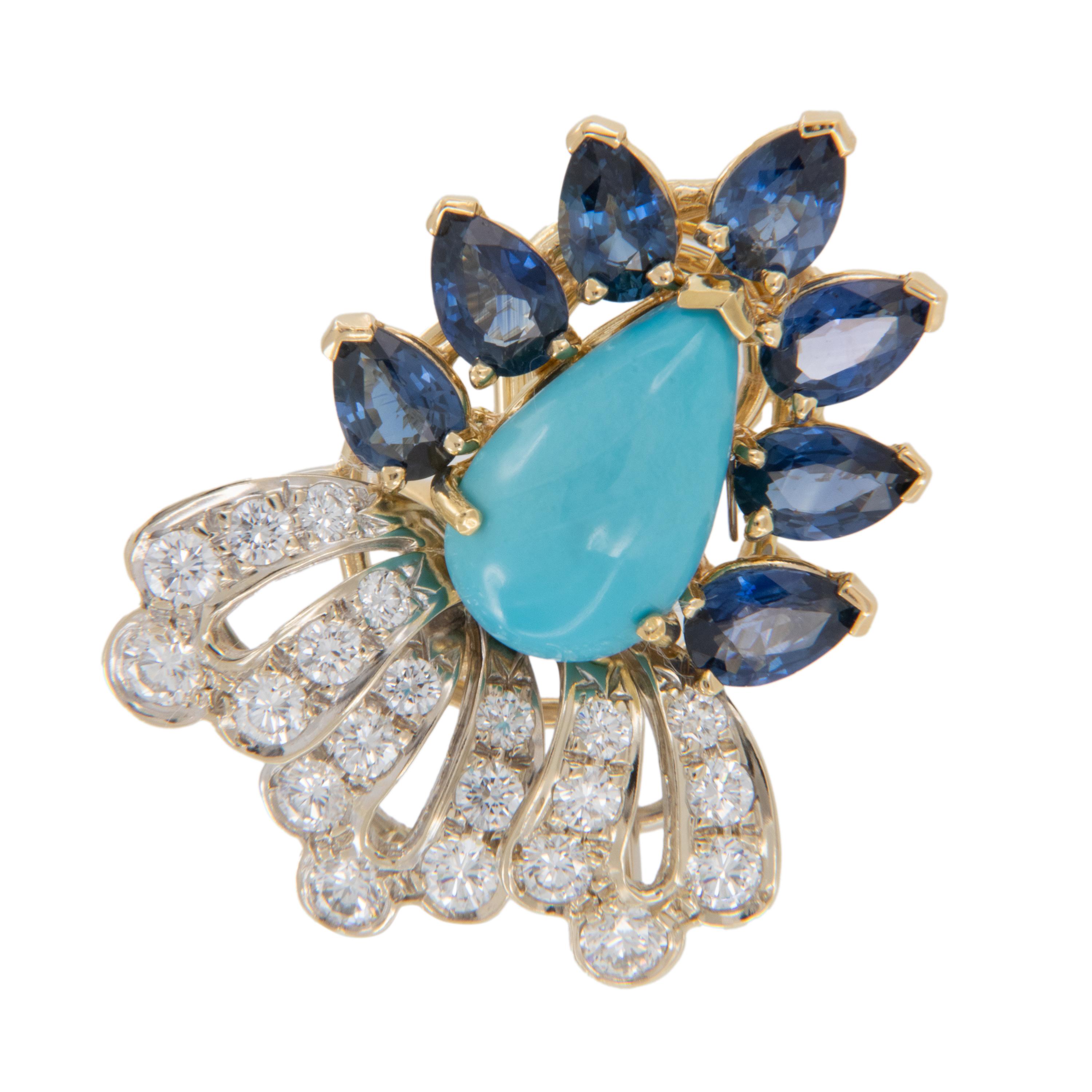 Pendientes de turquesa, zafiro y diamantes de oro amarillo de 18 quilates de Emis Beros Contemporáneo en venta