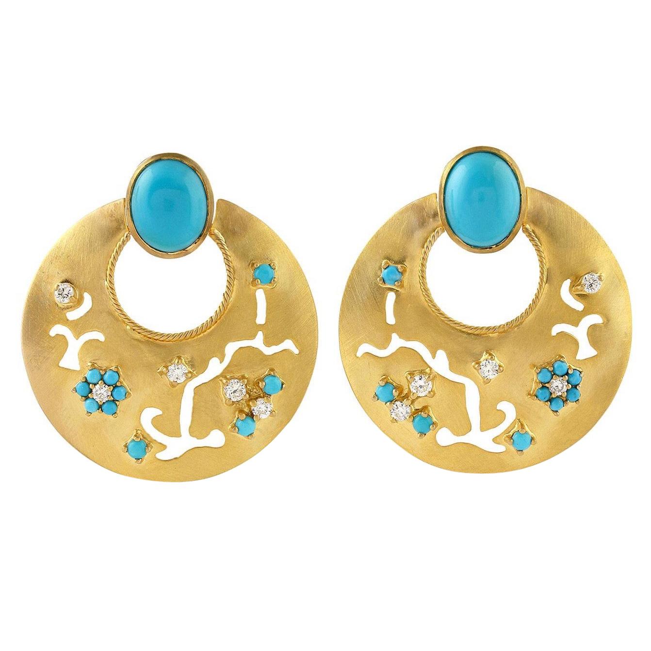 18 Karat Yellow Gold Turquoise Veil Diamond Earrings