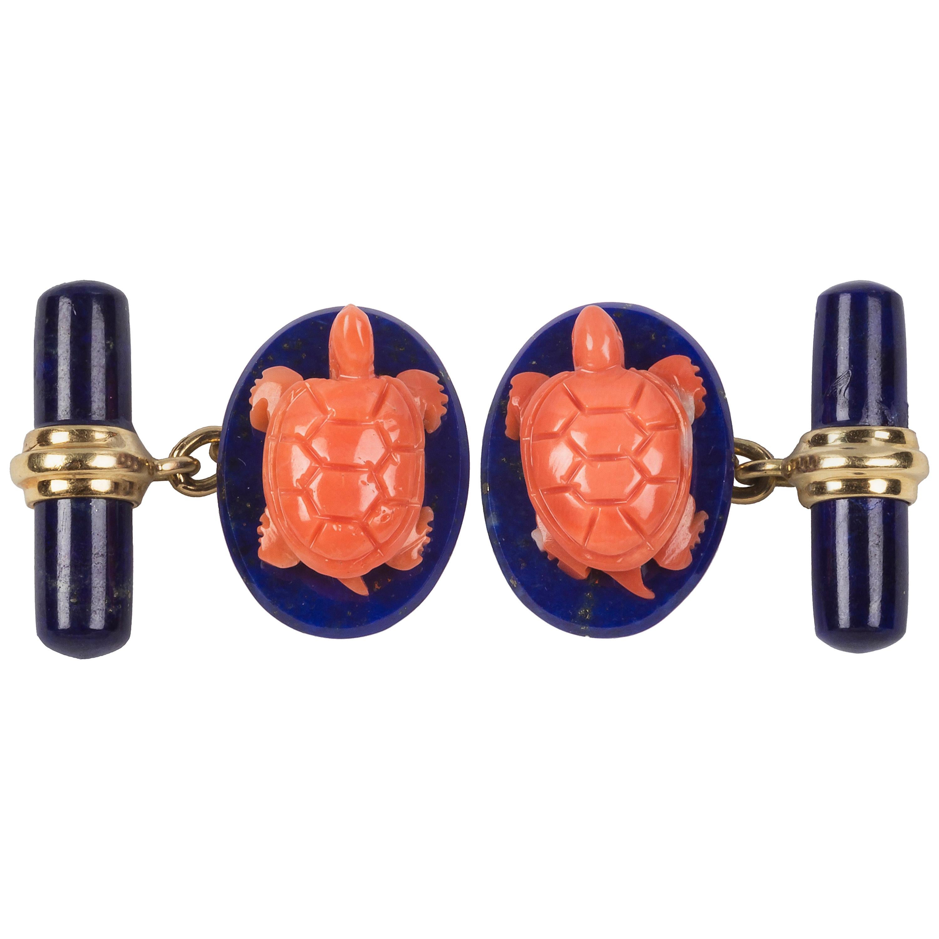 18 Karat Yellow Gold Turtle Mediterranean Coral and Lapis Lazuli Cufflinks For Sale