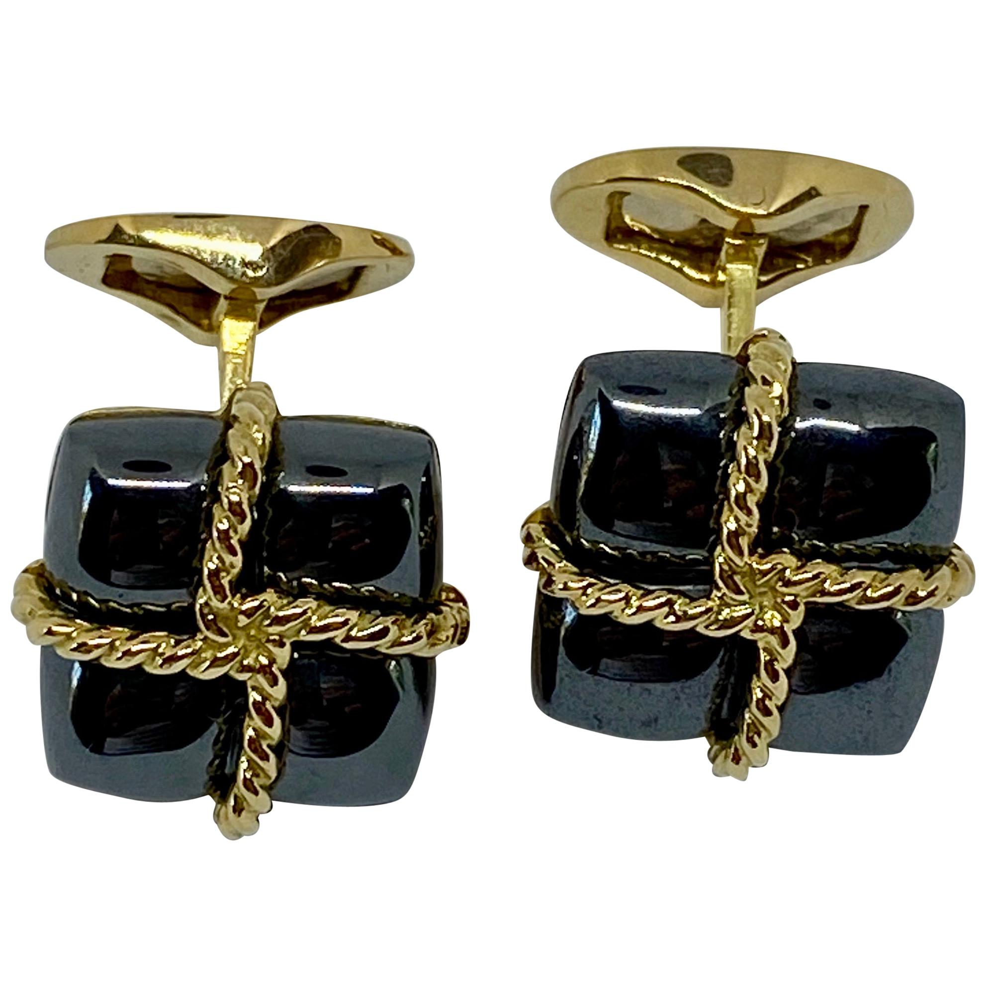 18 Karat Yellow Gold Twist Rope and Hematite Cufflinks by Louis Tamis For Sale