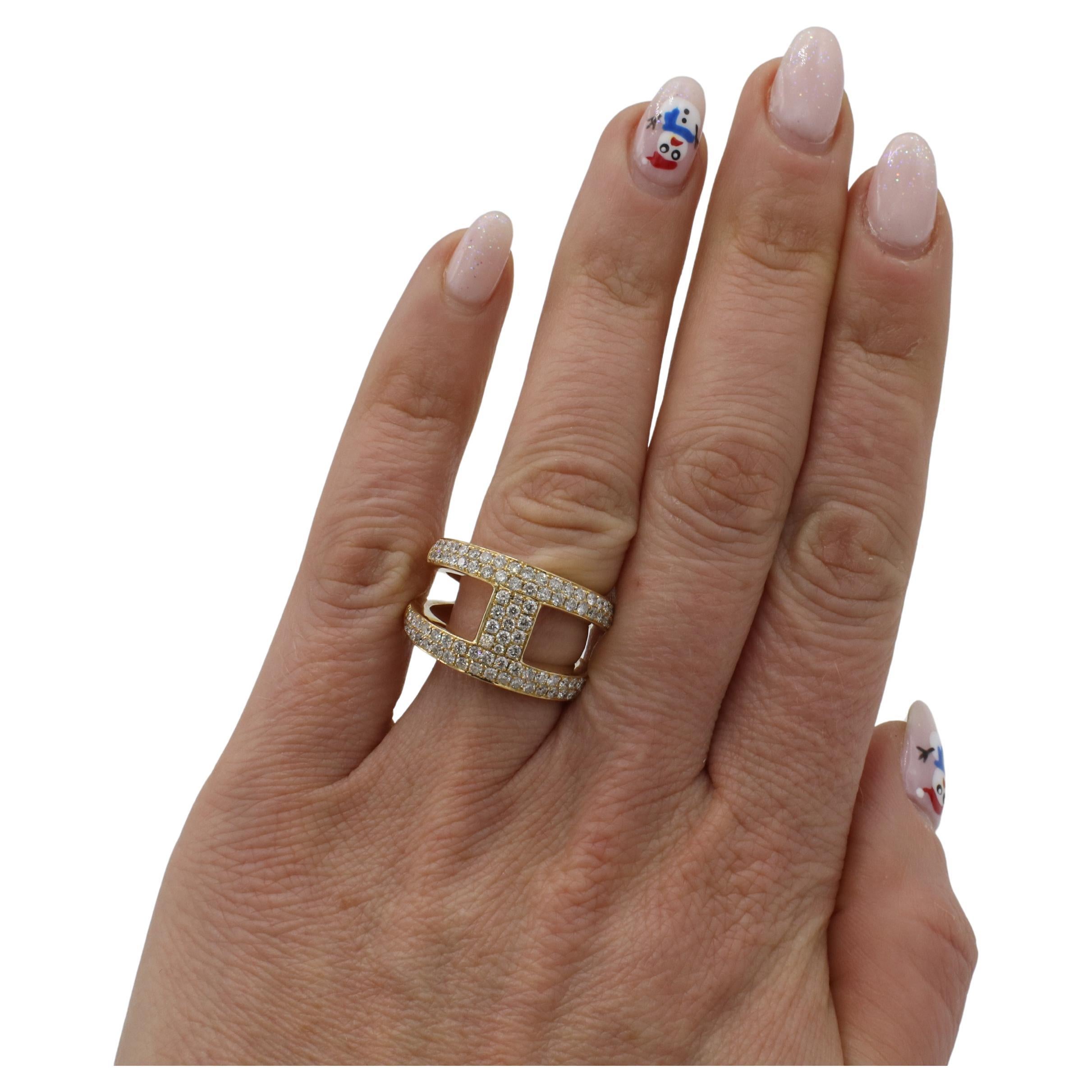Anillo abierto de oro amarillo de 18 quilates con pavé de dos filas de diamantes naturales Corte redondo en venta