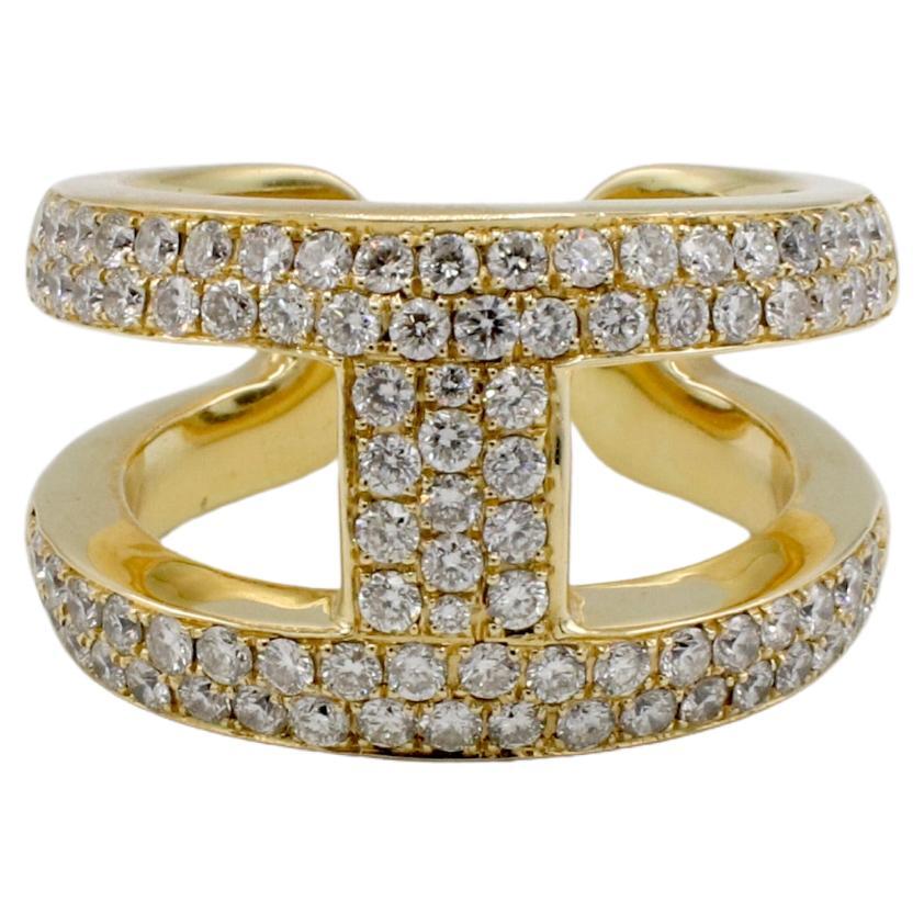 Anillo abierto de oro amarillo de 18 quilates con pavé de dos filas de diamantes naturales en venta