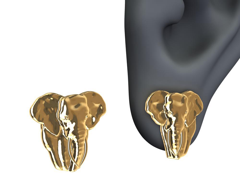 Contemporary 18 Karat Yellow Gold Two Tusk Elephant Stud Earrings For Sale