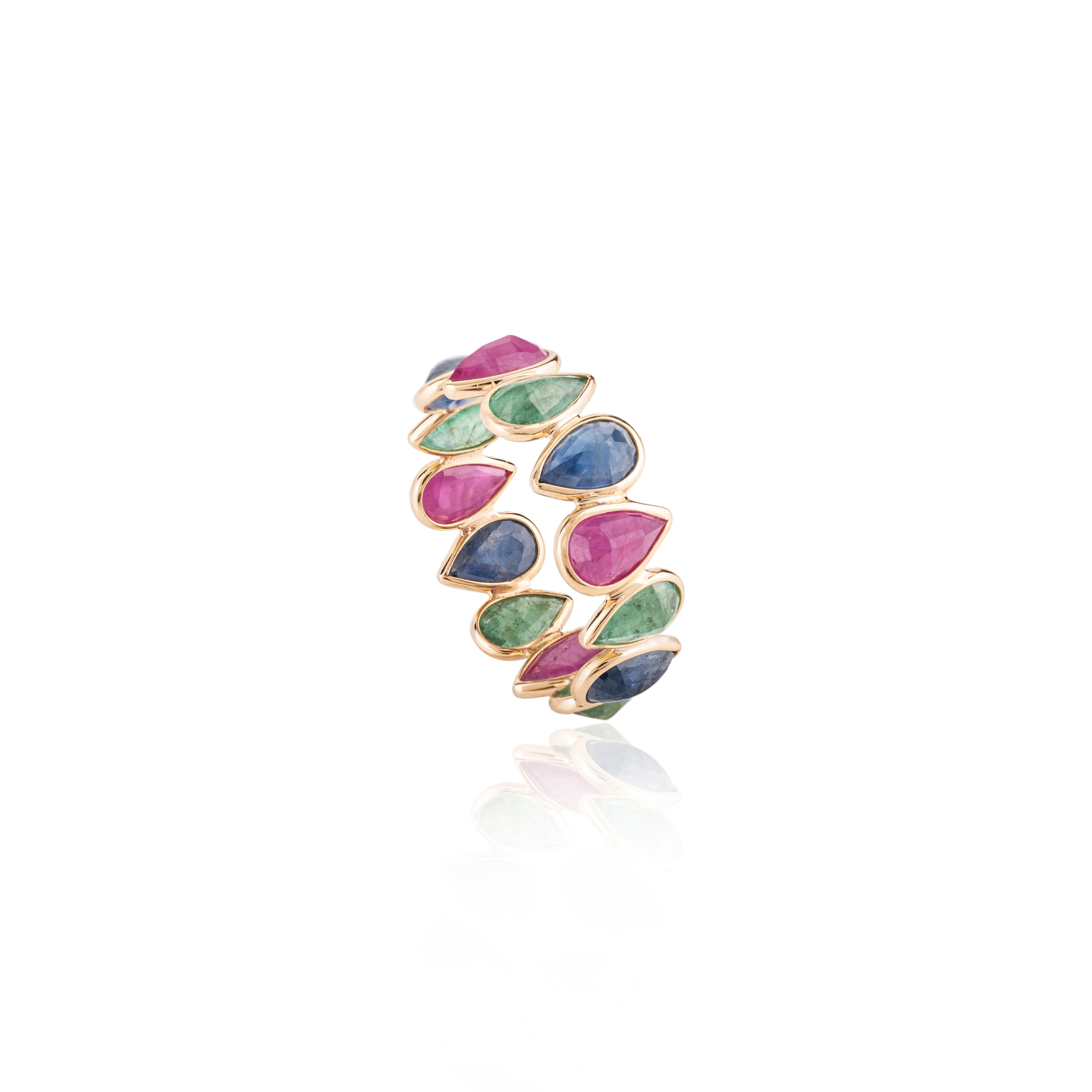 En vente :  Bague d'éternité empilable en or jaune 18 carats, émeraude, rubis et saphir unique 3
