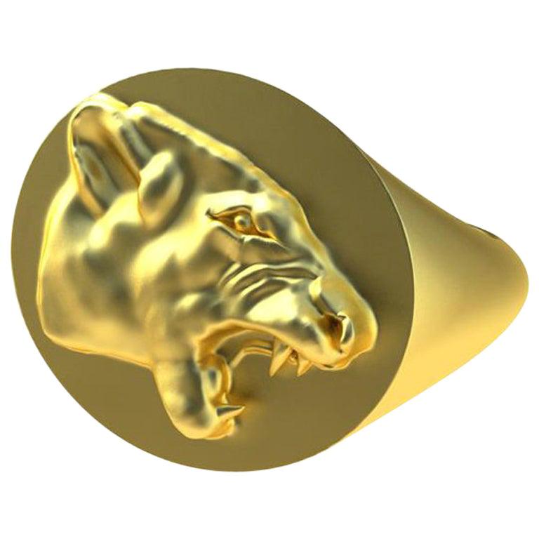Bague sigillaire en or jaune 18 carats et vermeil en forme de lion grandissant