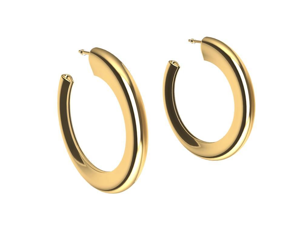 18 Karat Yellow Gold Micron Plate Teardrop Hoop Earrings,   Sometimes less is more. These Hoops have a teardrop profile shape. They taper from thick to thin, have a tiny open seam so that they can be hollow and big. Allowing for a nice proportions. 