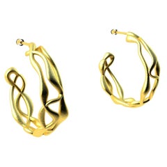 Used 18 Karat Yellow Gold Vermeil Three-Row Seaweed Hoop Earrings