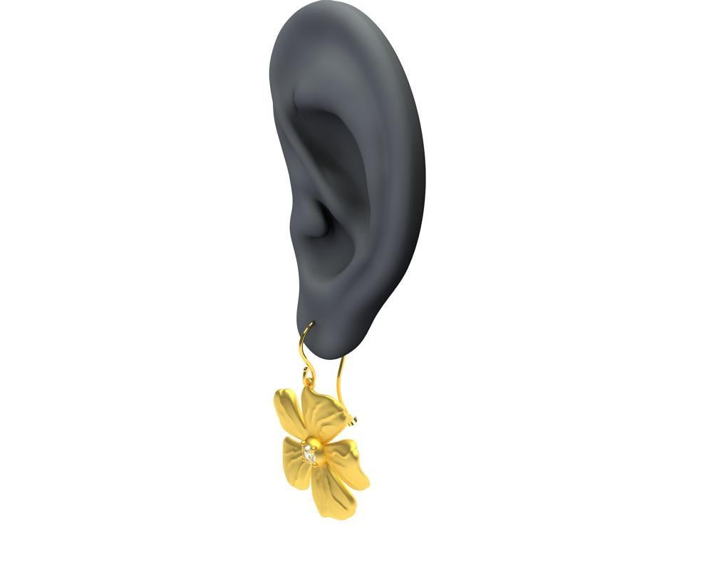 Round Cut 18 Karat Yellow Gold Vermeil with GIA Diamonds Periwinkle Flower Earrings For Sale