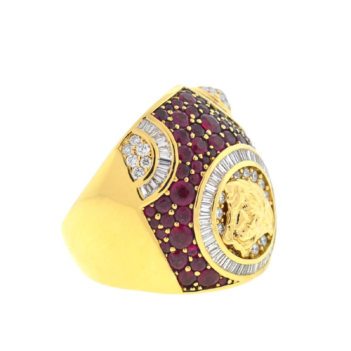 Company-Versace
Style-Medusa Ruby Diamond Ring - Muse 2012 Collection 
Metal-18k Yellow Gold
Size-8.75
Weight-24.49 grams
Stones-Diamonds approx 1 Ct tw
Sku-8009-2REE