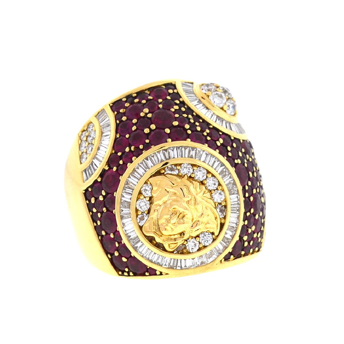 18 Karat Yellow Gold Versace Medusa Ruby Diamond Muse 2012 Collection Ring In Excellent Condition In Boca Raton, FL