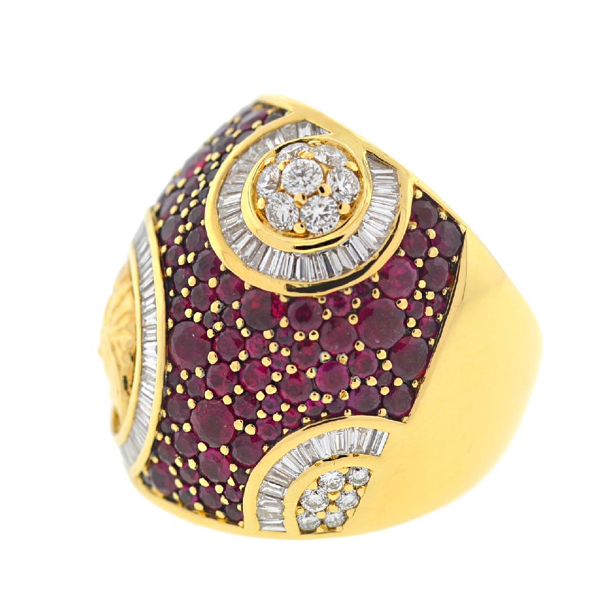 Women's or Men's 18 Karat Yellow Gold Versace Medusa Ruby Diamond Muse 2012 Collection Ring