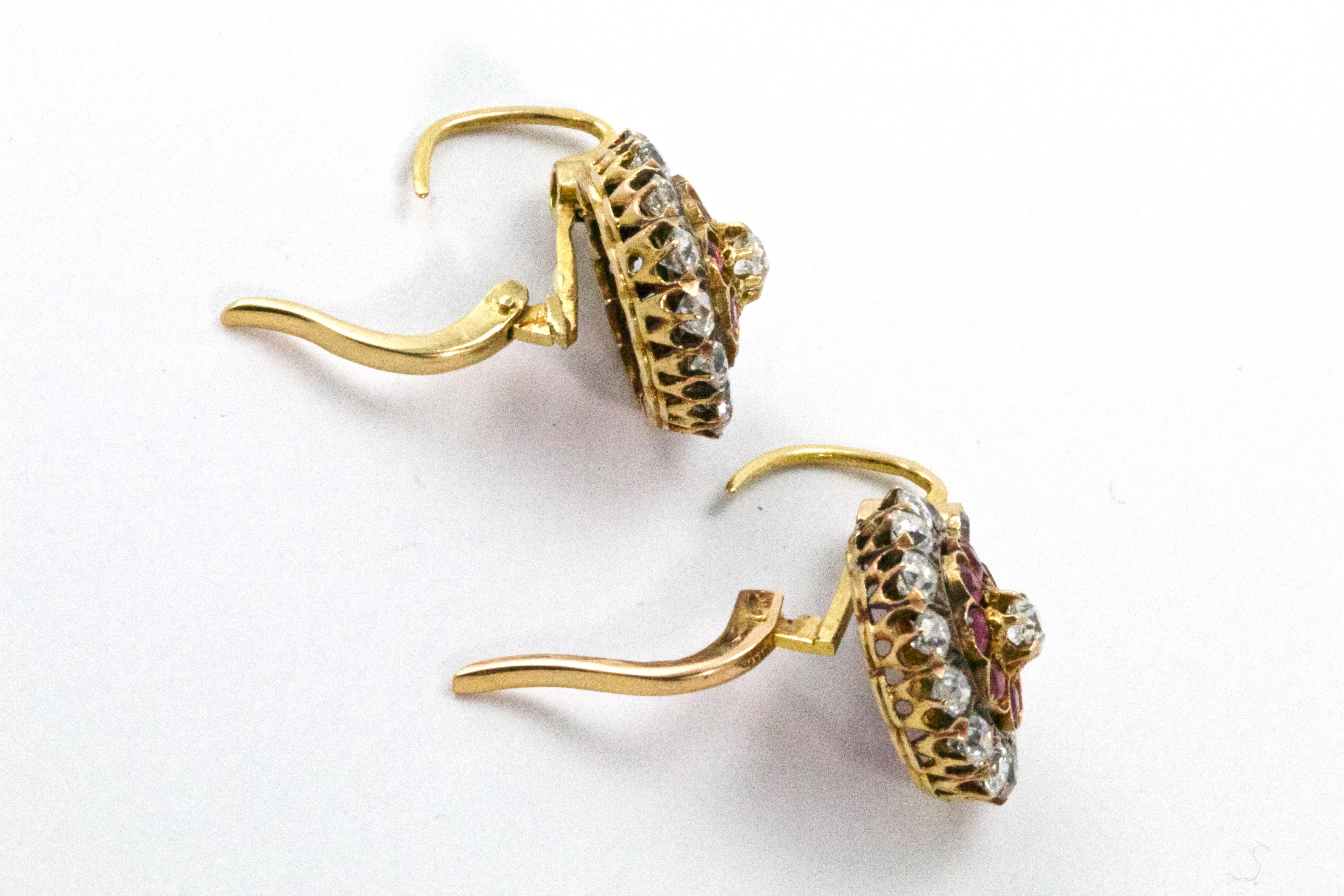 Old European Cut 18 Karat Yellow Gold Victorian Ruby Diamond Flower Cluster Dangle Earrings