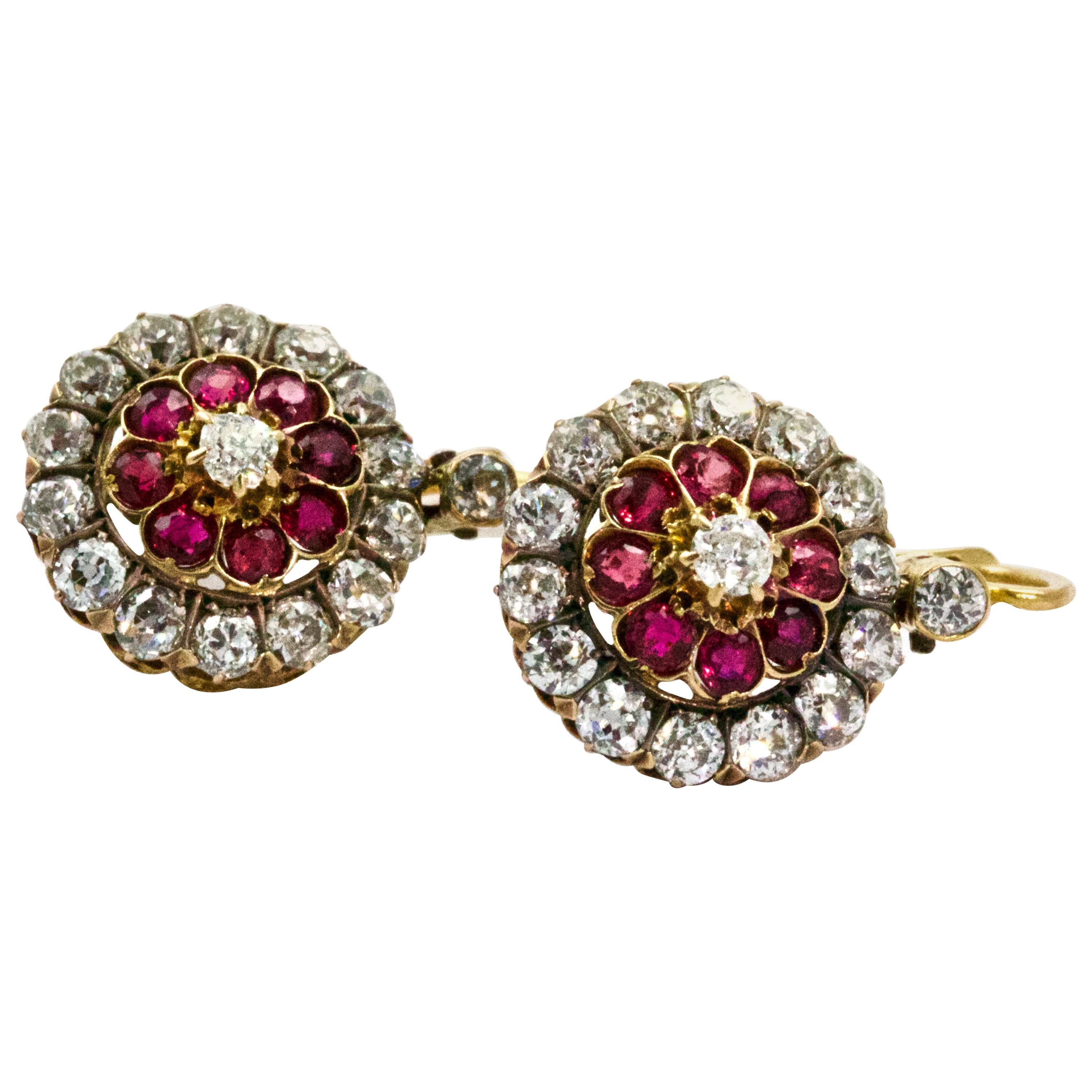 18 Karat Yellow Gold Victorian Ruby Diamond Flower Cluster Dangle Earrings