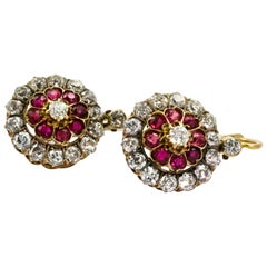 Antique 18 Karat Yellow Gold Victorian Ruby Diamond Flower Cluster Dangle Earrings