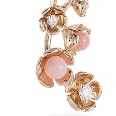 18 Karat Yellow Gold Vine Earrings with Diamond and Pink Opal Flowers