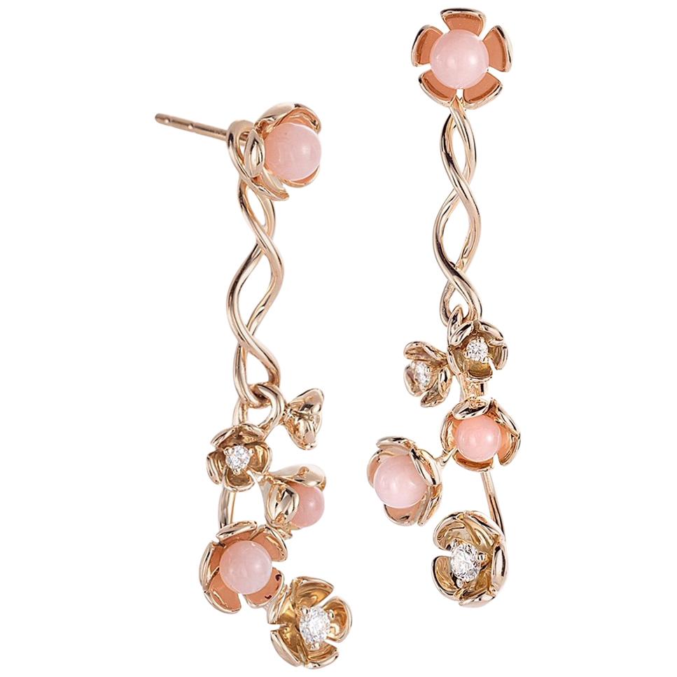18 Karat Yellow Gold Vine Earrings with Diamond and Pink Opal Flowers For Sale
