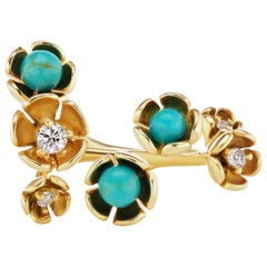 18 Karat Yellow Gold Vine Ring with Turquoise and Diamond Accent