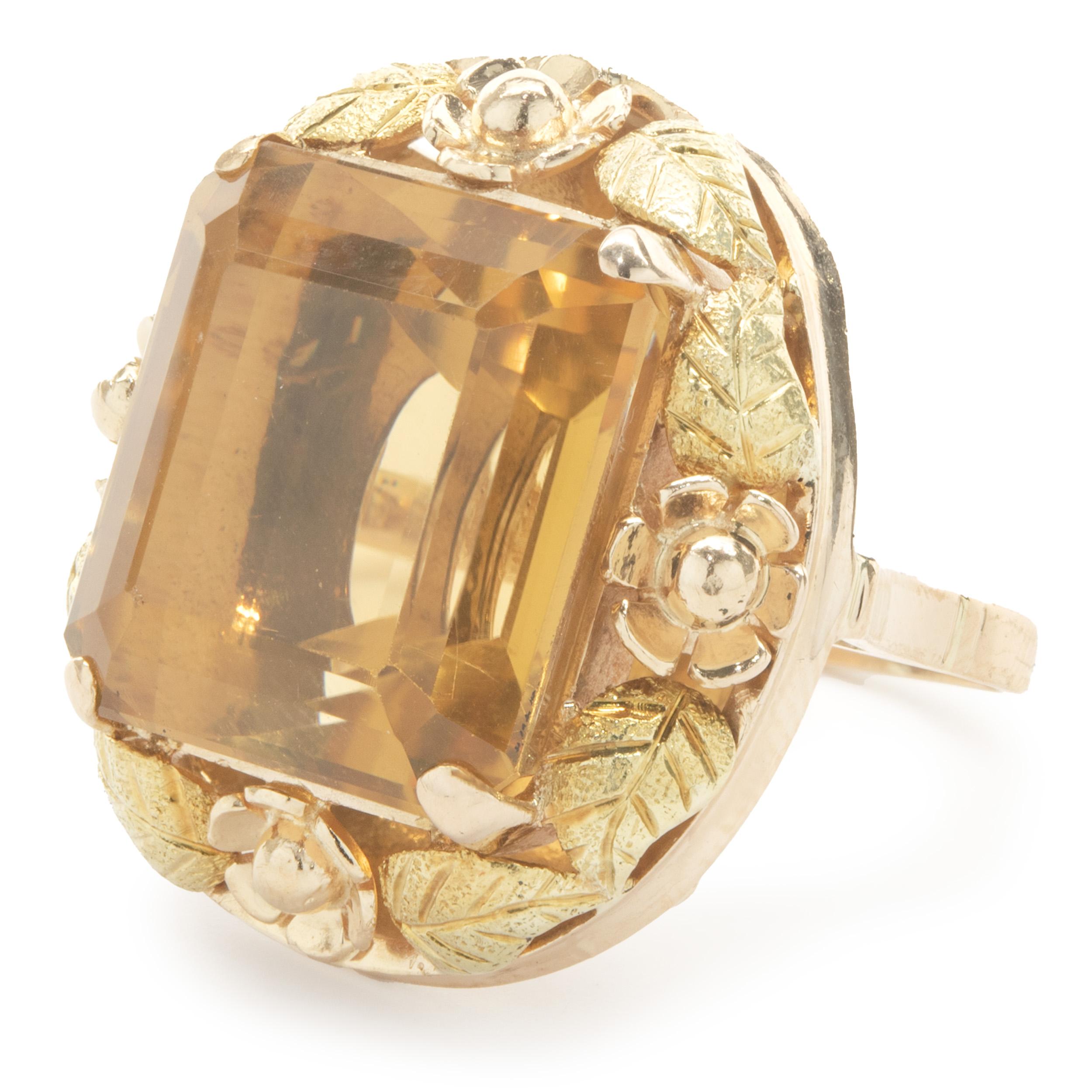 Asscher Cut 18 Karat Yellow Gold Vintage Citrine Floral Ring