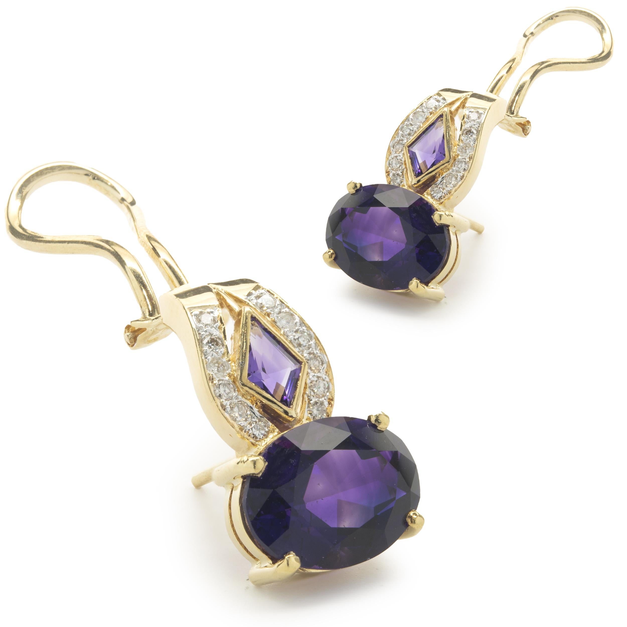 Mixed Cut 18 Karat Yellow Gold Vintage Diamond and Amethyst Drop Earrings For Sale