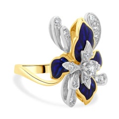 18 Karat Yellow Gold Vintage Diamond and Blue Enamel Iris Ring