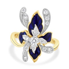 18 Karat Yellow Gold Vintage Diamond and Blue Enamel Iris Ring
