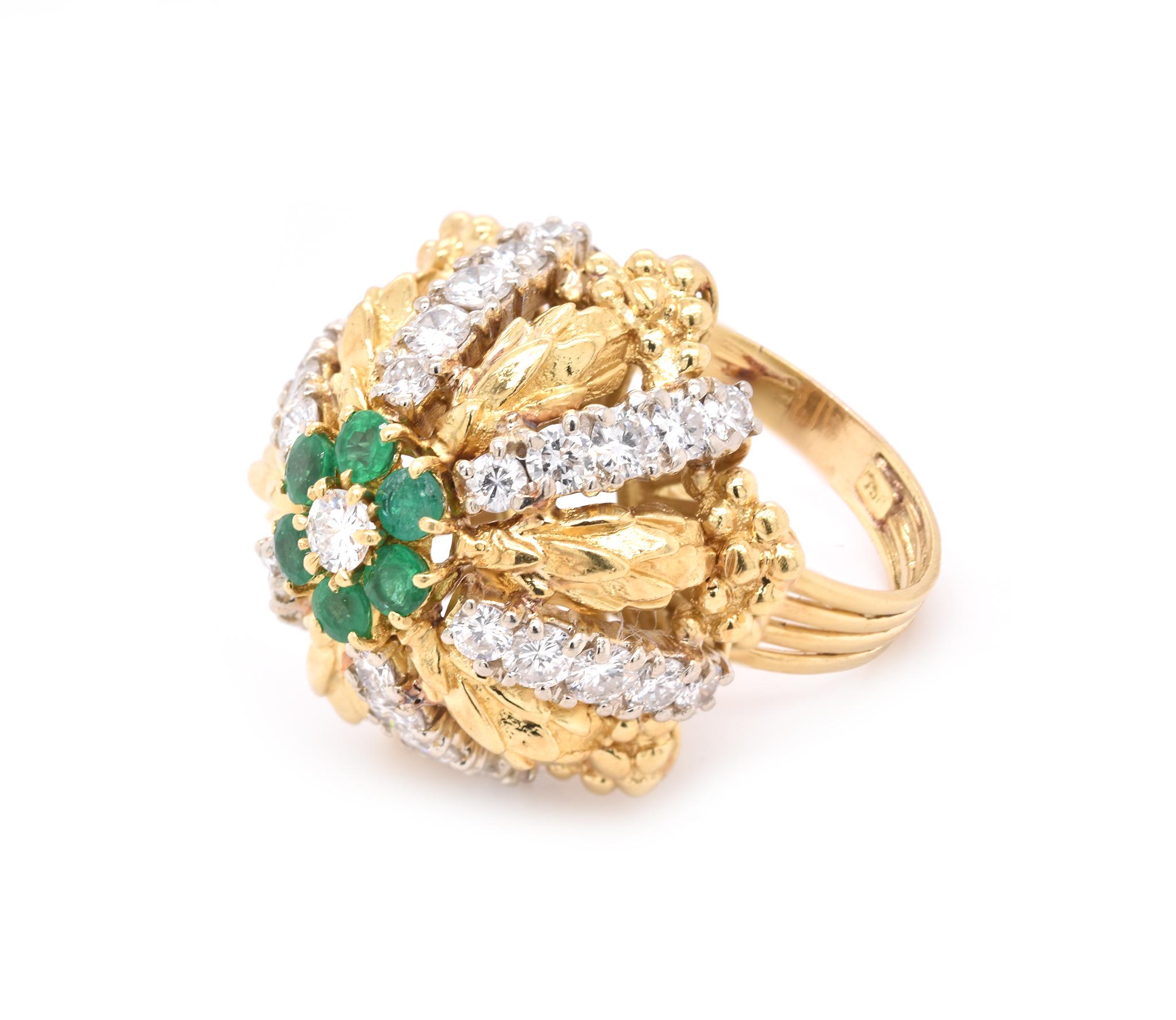 Designer: custom
Material: 18K yellow gold
Diamond: 31 round brilliant cut = 1.80cttw
Color: G
Clarity: VS2
Emerald: 6 round cut = .30ct
Ring Size: 7.5 (please allow up to 2 additional business days for sizing requests)
Dimensions: ring top measures