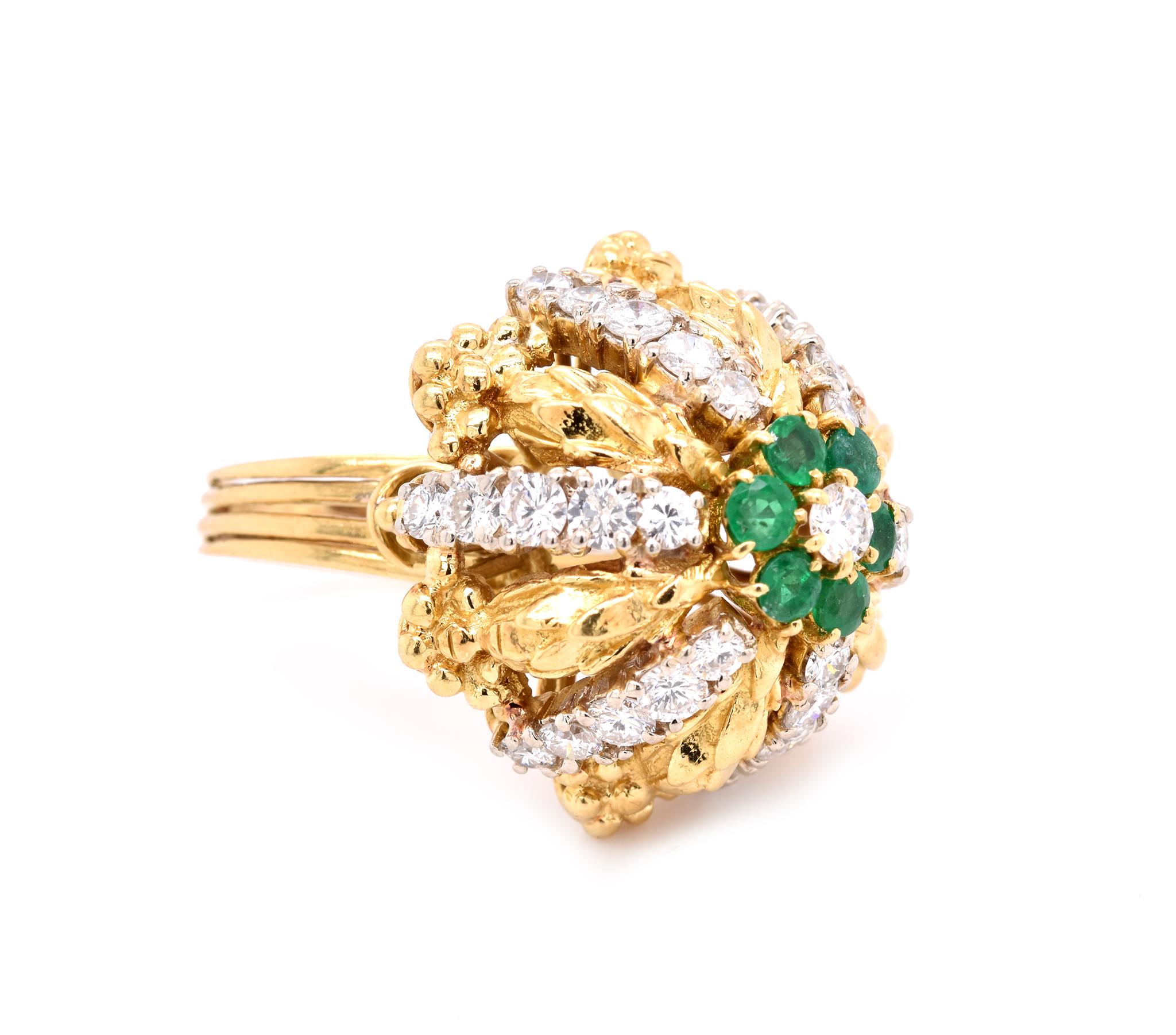 Emerald Cut 18 Karat Yellow Gold Vintage Diamond and Emerald Cocktail Ring