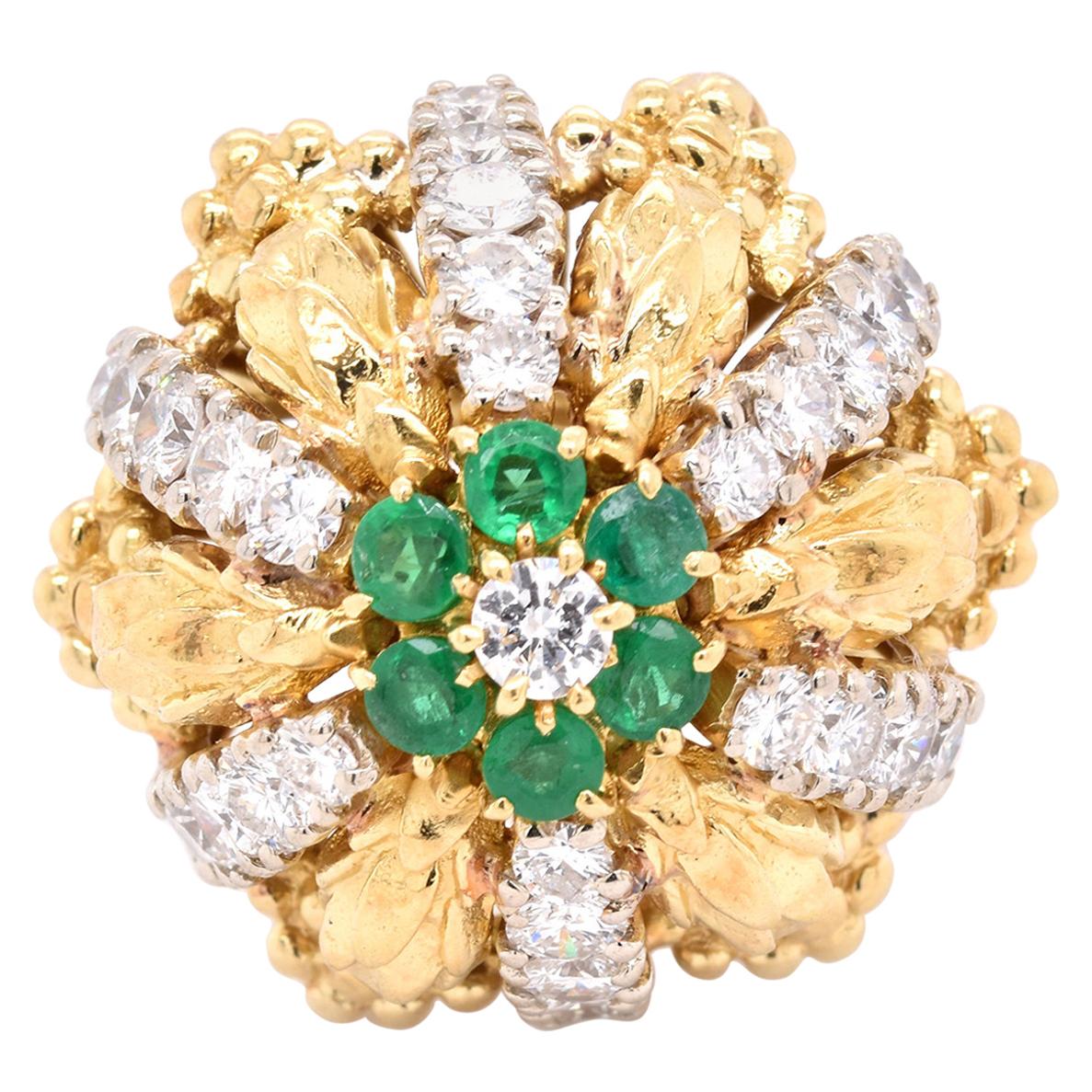 18 Karat Yellow Gold Vintage Diamond and Emerald Cocktail Ring