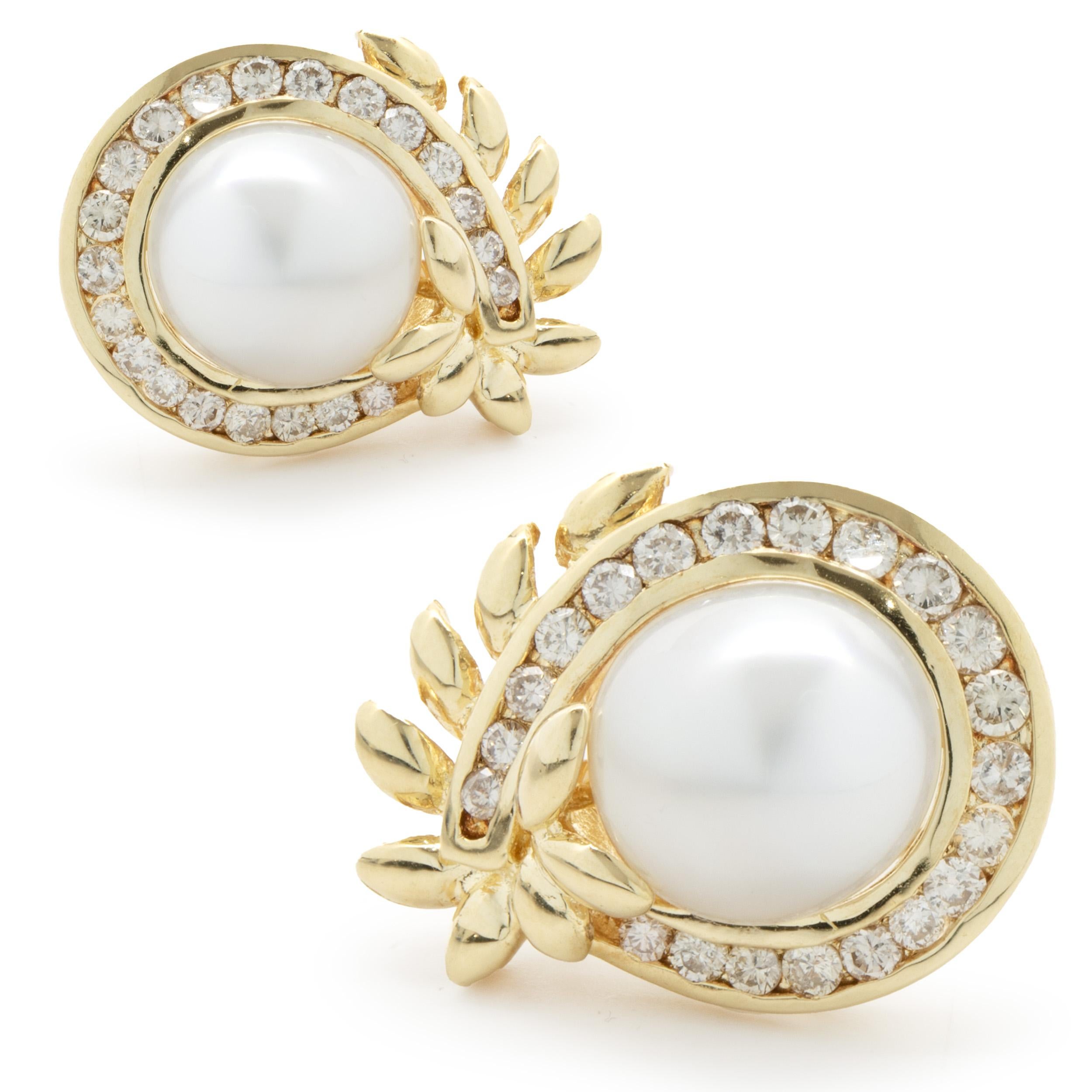 Round Cut 18 Karat Yellow Gold Vintage Diamond and Mabe Pearl Swirl Earrings For Sale