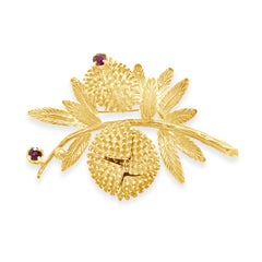 18 Karat Yellow Gold Vintage Diamond and Ruby Thistle Pin