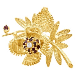 18 Karat Yellow Gold Vintage Diamond and Ruby Thistle Pin