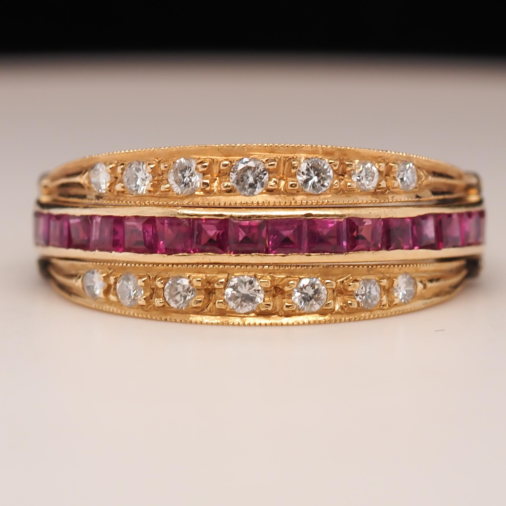 Year: 1960s

Item Details:
Ring Size: 7.25
Metal Type: 18K Yellow Gold [Hallmarked, and Tested]
Weight: 5.9grams

Diamond Details: .35ct total, E-F Color, VS Clarity, Round Brilliant, Natural Diamonds

Ruby Details: Square Step Cut, .75ct total
