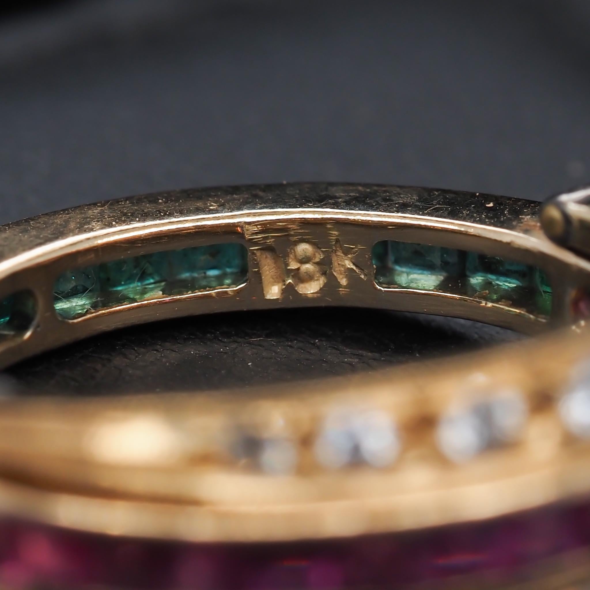 Contemporary 18 Karat Yellow Gold Vintage Diamond Ruby & Emerald Flip Ring For Sale