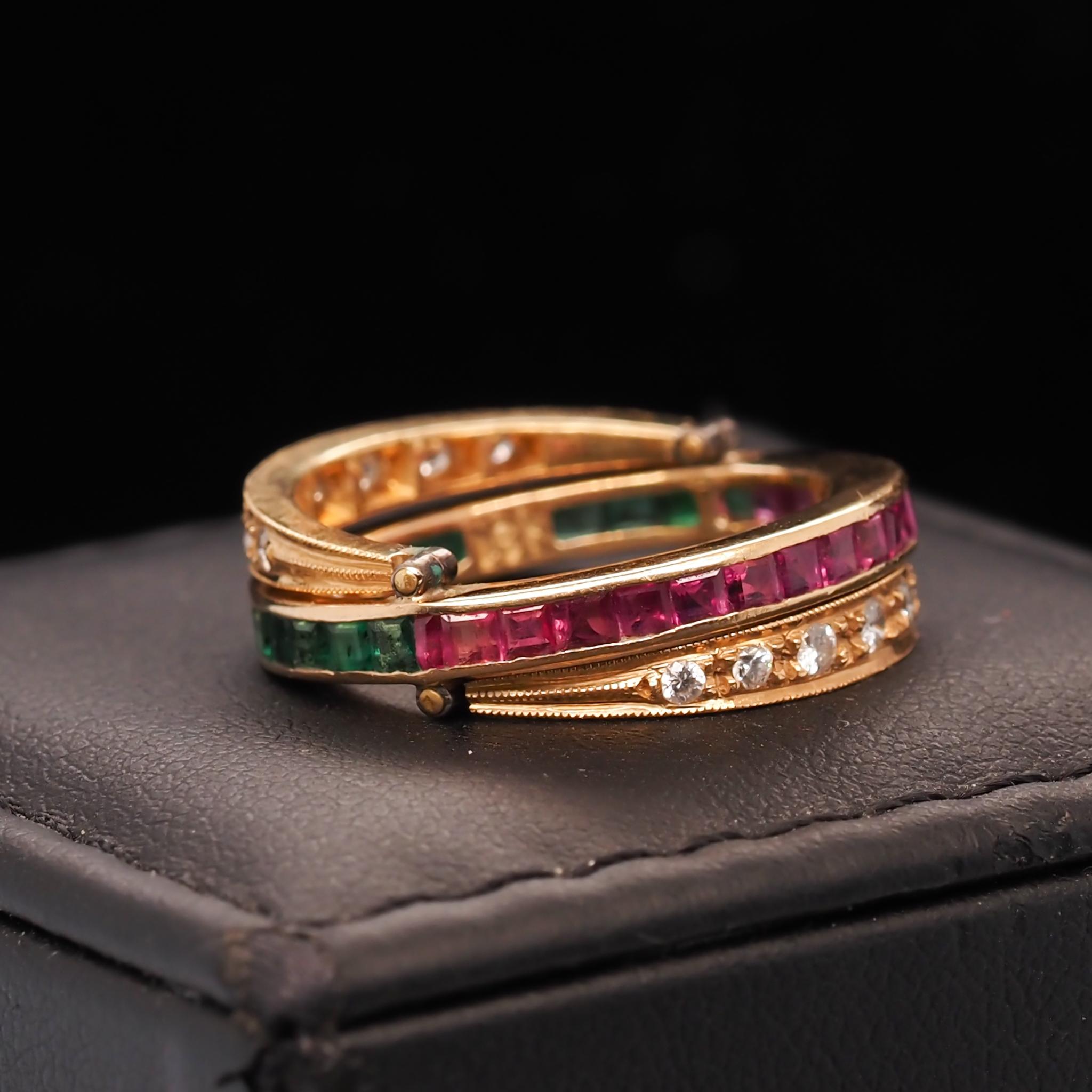 Women's or Men's 18 Karat Yellow Gold Vintage Diamond Ruby & Emerald Flip Ring For Sale