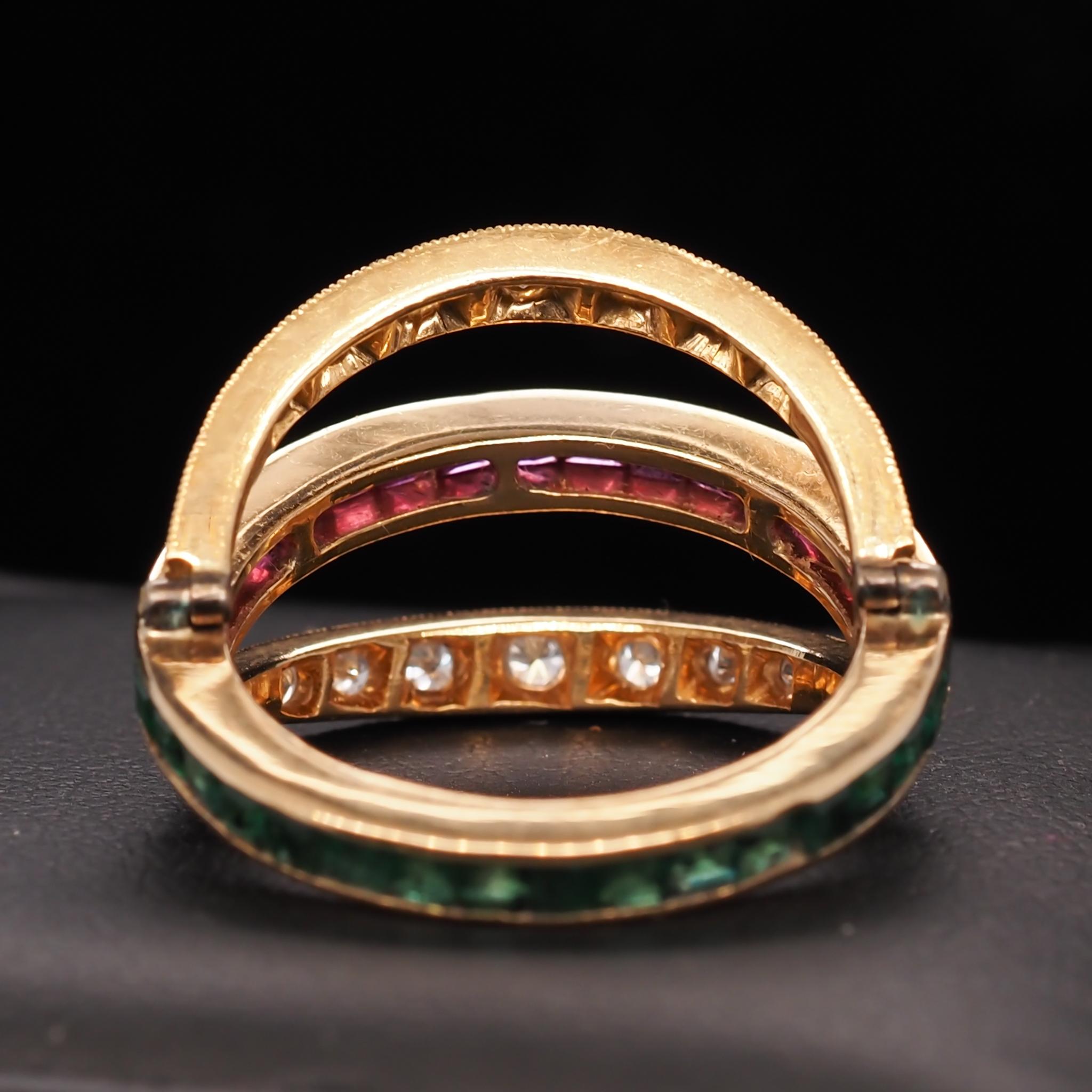 18 Karat Yellow Gold Vintage Diamond Ruby & Emerald Flip Ring For Sale 1