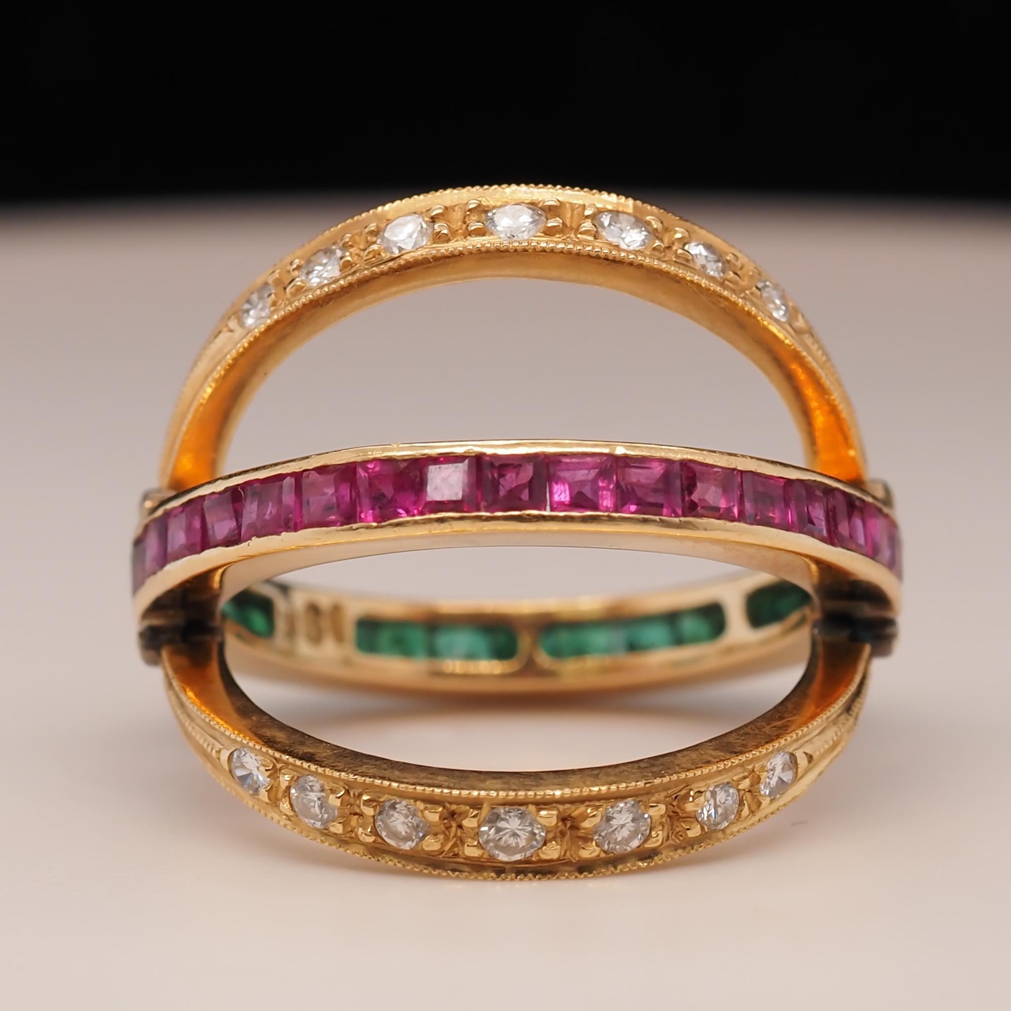 18 Karat Yellow Gold Vintage Diamond Ruby & Emerald Flip Ring For Sale 3