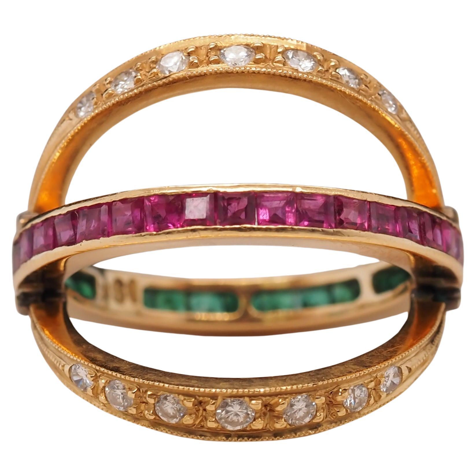 18 Karat Yellow Gold Vintage Diamond Ruby & Emerald Flip Ring