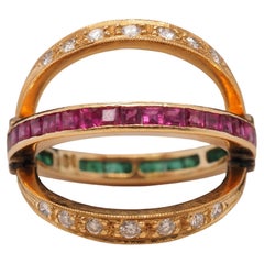 18 Karat Yellow Gold Retro Diamond Ruby & Emerald Flip Ring