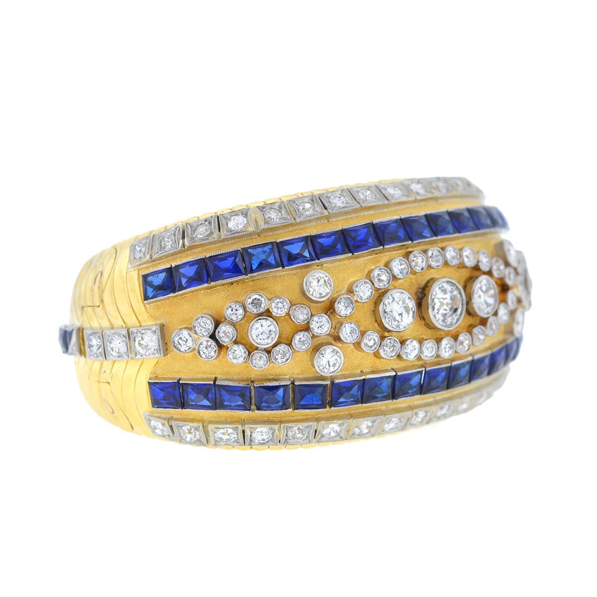 Company-N/A
Style-Vintage Diamond Sapphire Wide Bangle
Metal-18k Yellow Gold 
Stones-Diamond Approx. 6Cts TW
Sapphire -8Cts TW 
Weight -114.86 Grams - Fits a 6