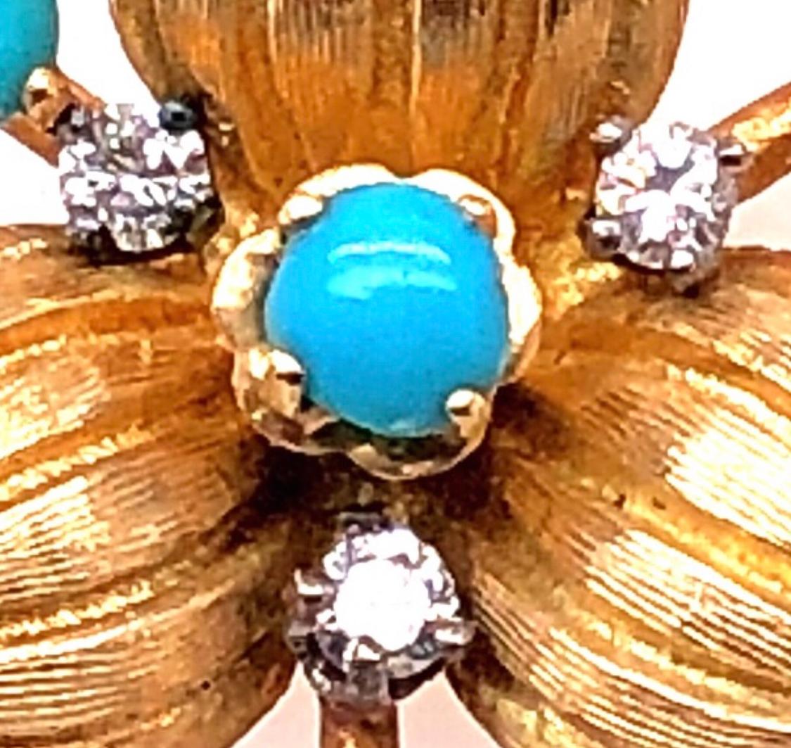 Modern 18 Karat Yellow Gold Vintage Earrings with Round Diamonds and Turquoise For Sale