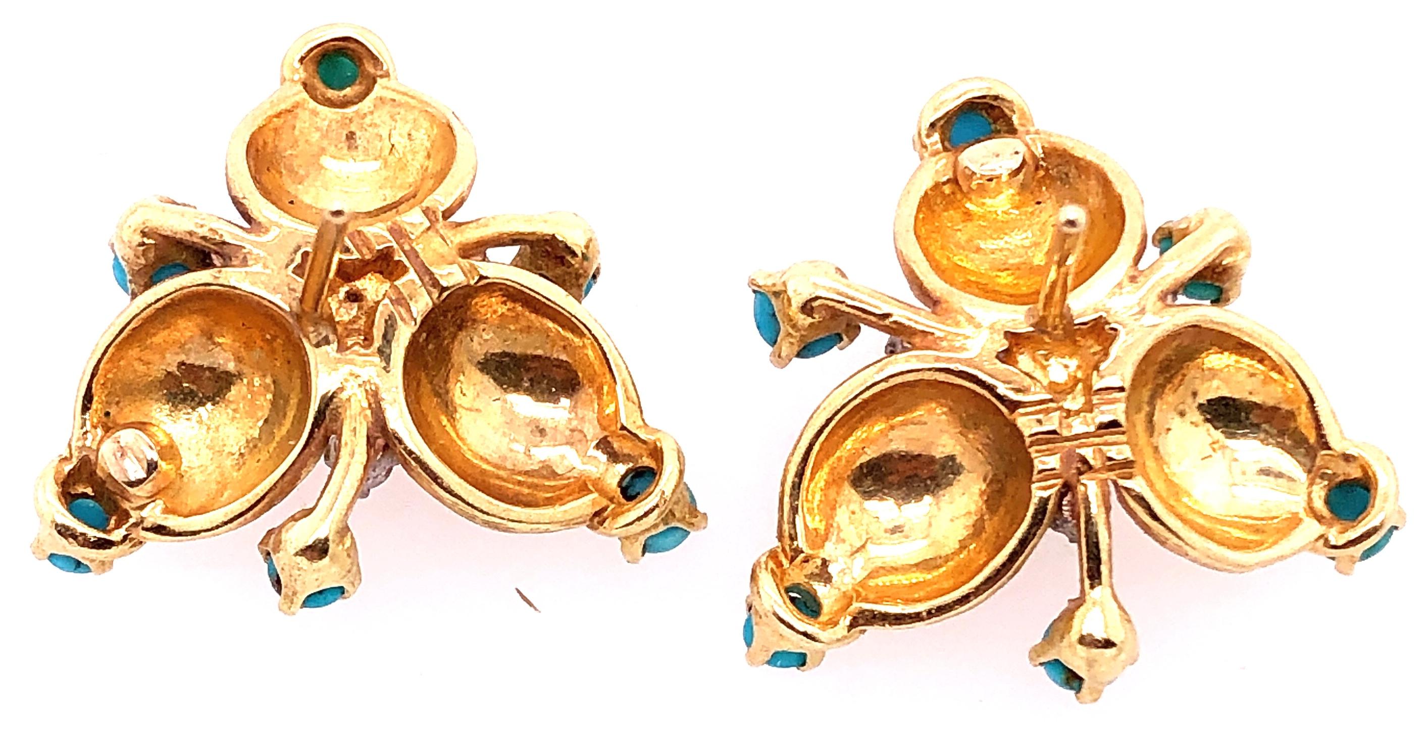 18 Karat Yellow Gold Vintage Earrings with Round Diamonds and Turquoise For Sale 1