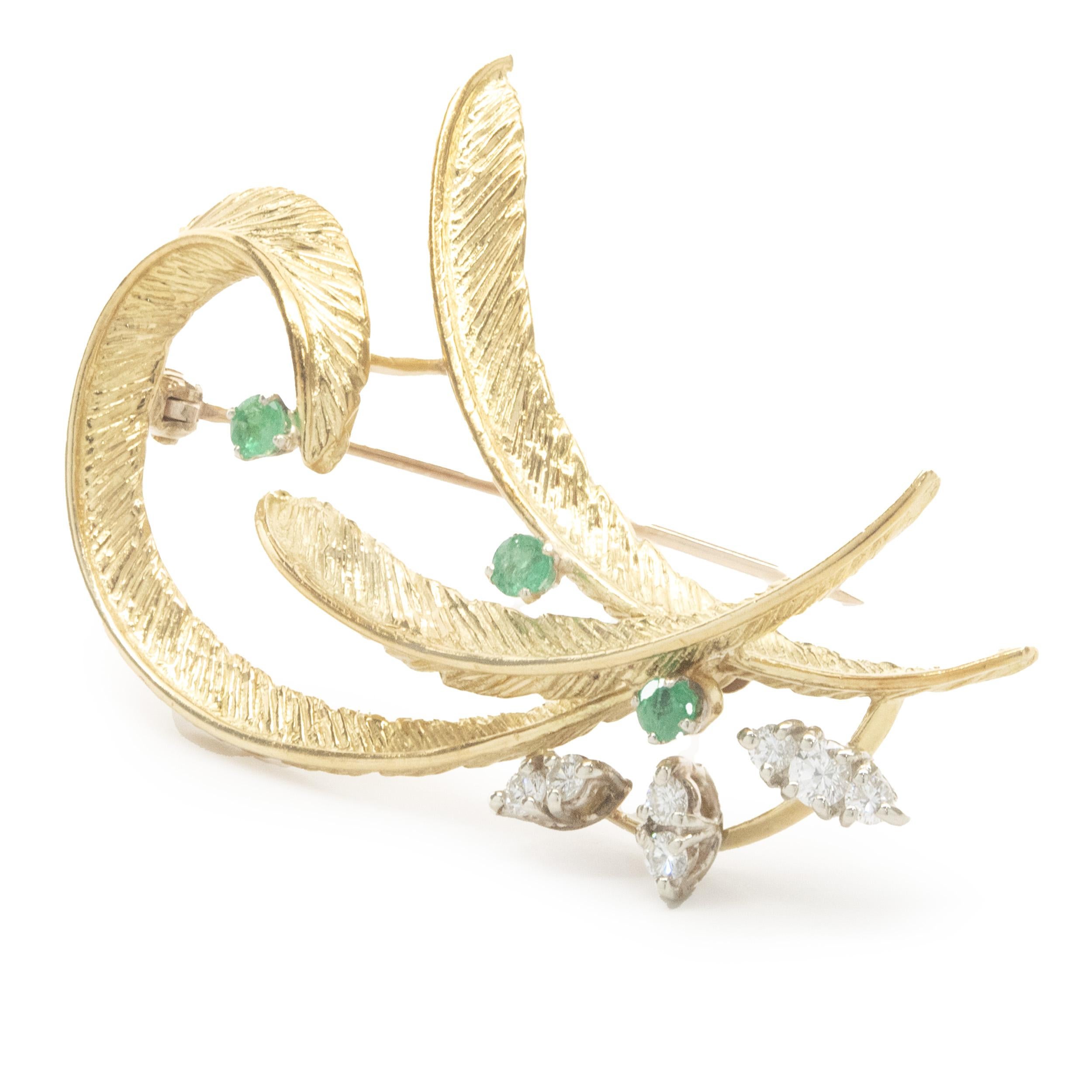 18 Karat Yellow Gold Vintage Emerald and Diamond Leaf Pin

Designer: custom
Material: 18K yellow gold
Weight:  9.53 grams
Dimensions: pin measures 2 x 1.5-inches in diameter