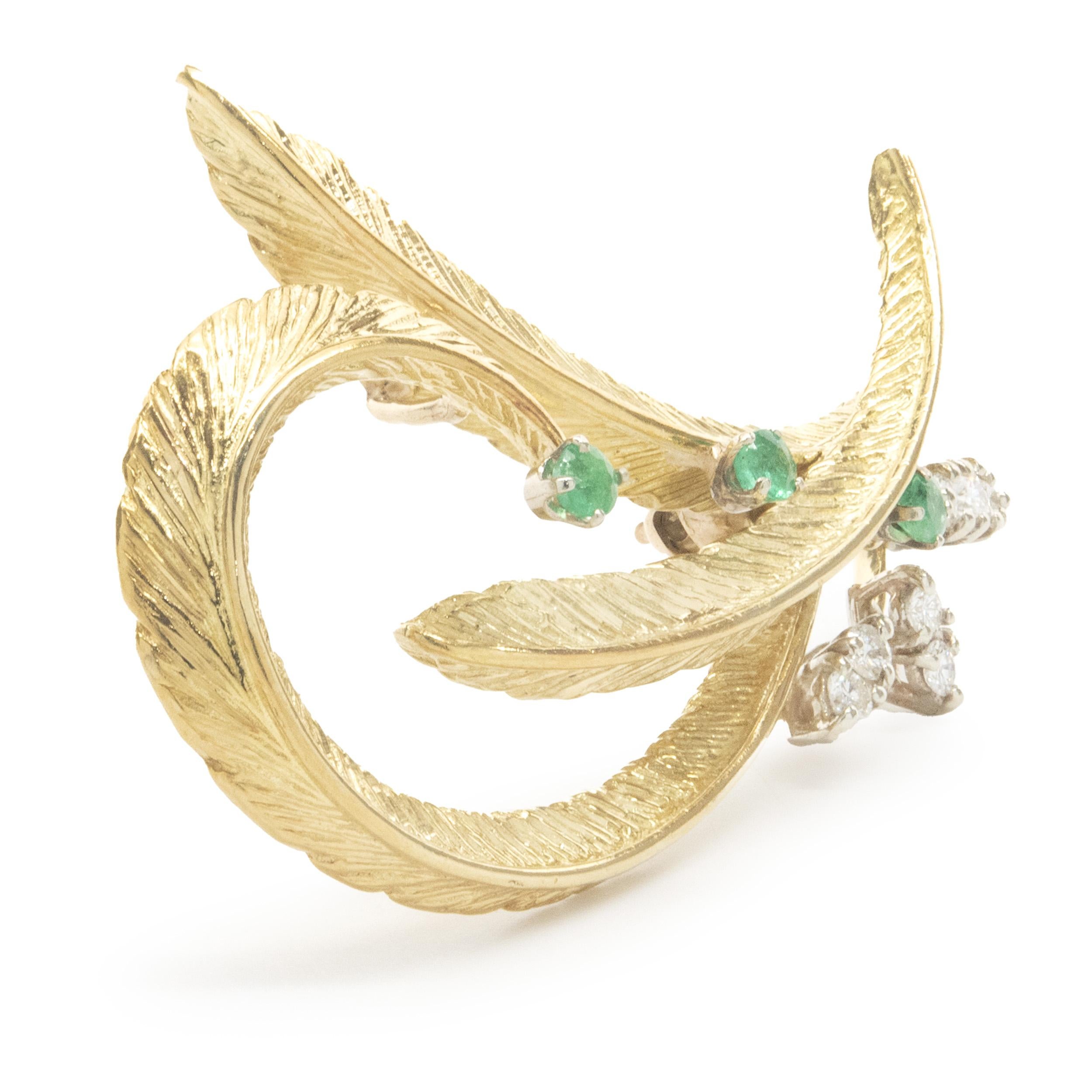 18 Karat Yellow Gold Vintage Emerald and Diamond Leaf Pin In Good Condition In Scottsdale, AZ