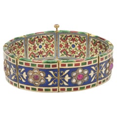 18 Karat Yellow Gold Vintage Enamel and Rose Cut Diamond Bracelet