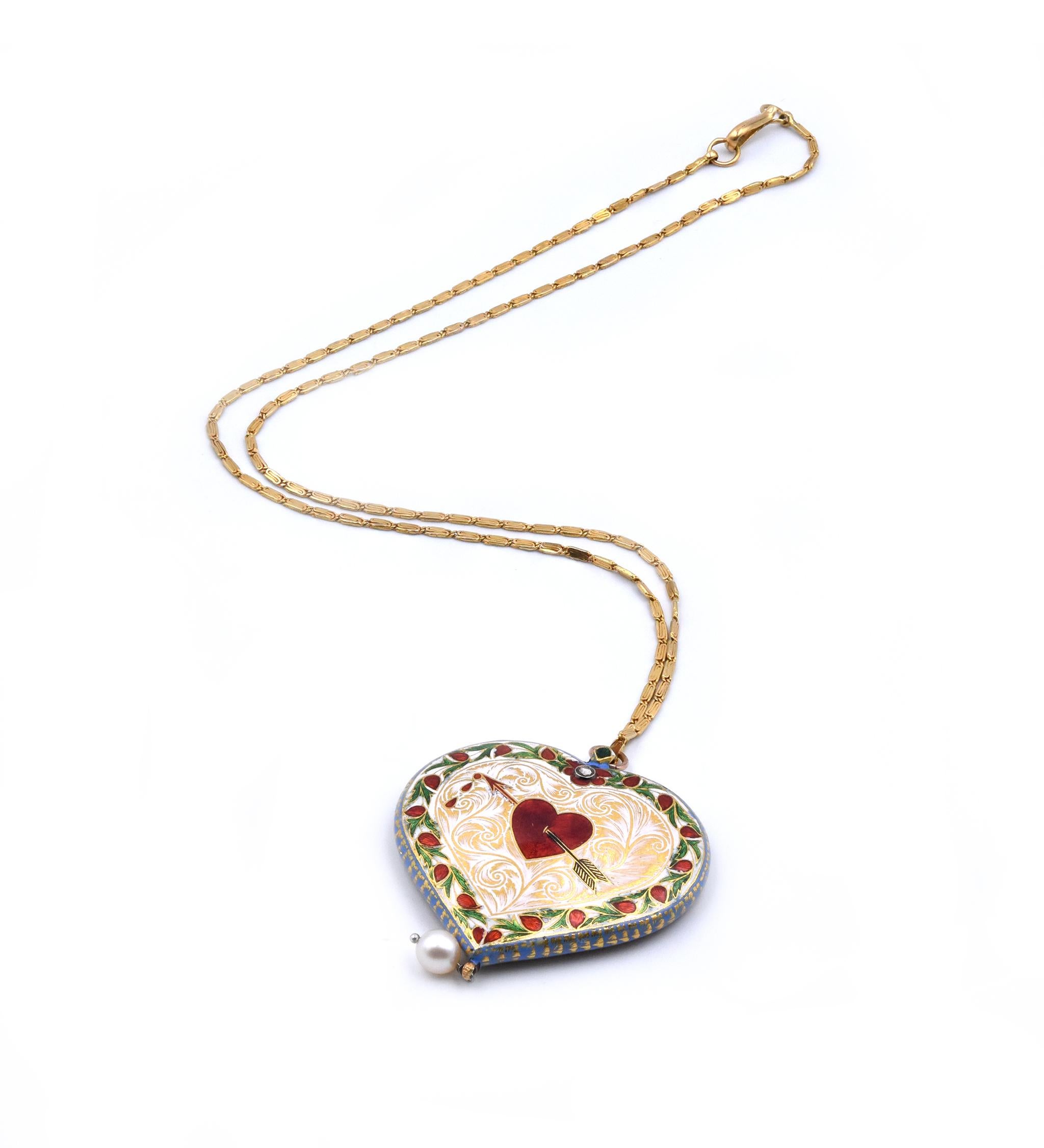 Mixed Cut 18 Karat Yellow Gold Vintage Enamel Heart Necklace with Pearl Drop
