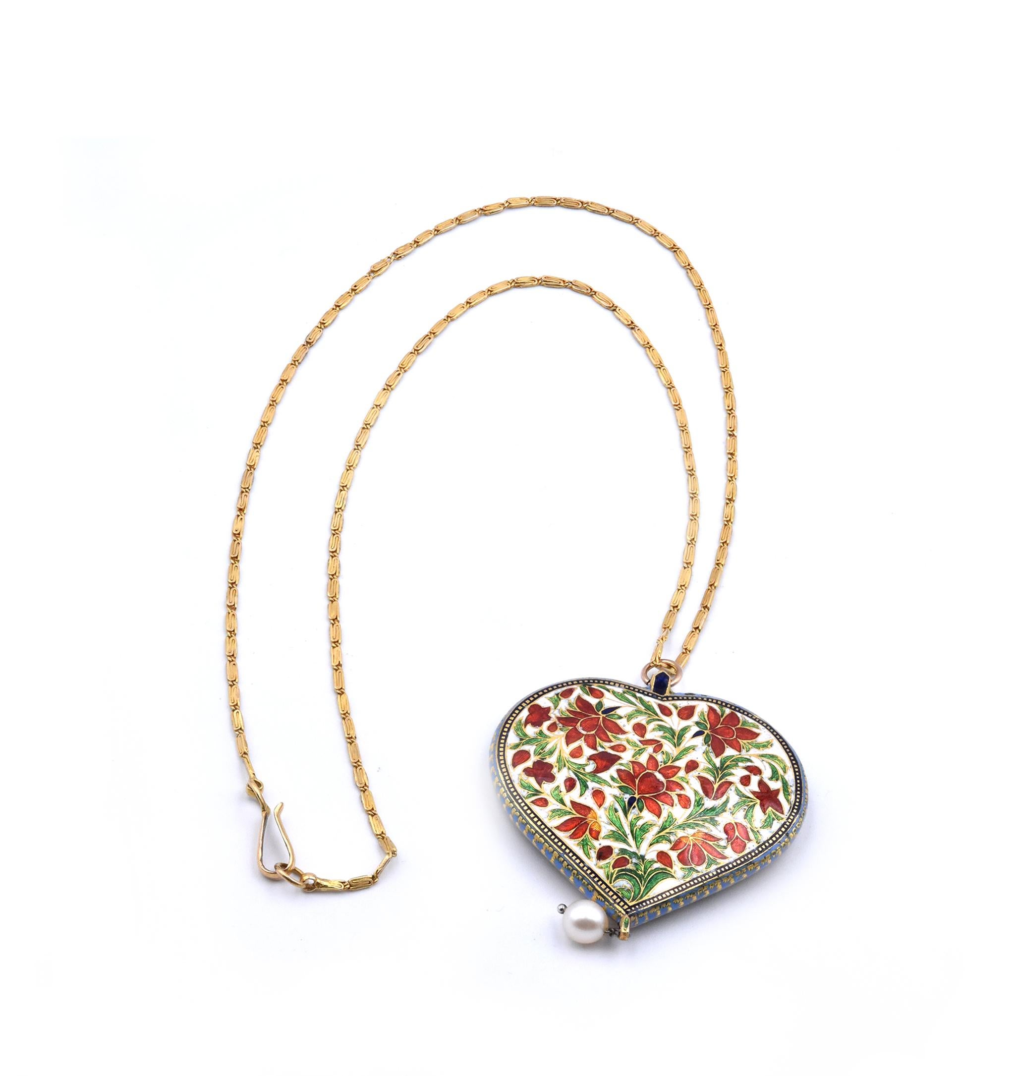 18 Karat Yellow Gold Vintage Enamel Heart Necklace with Pearl Drop In Excellent Condition In Scottsdale, AZ