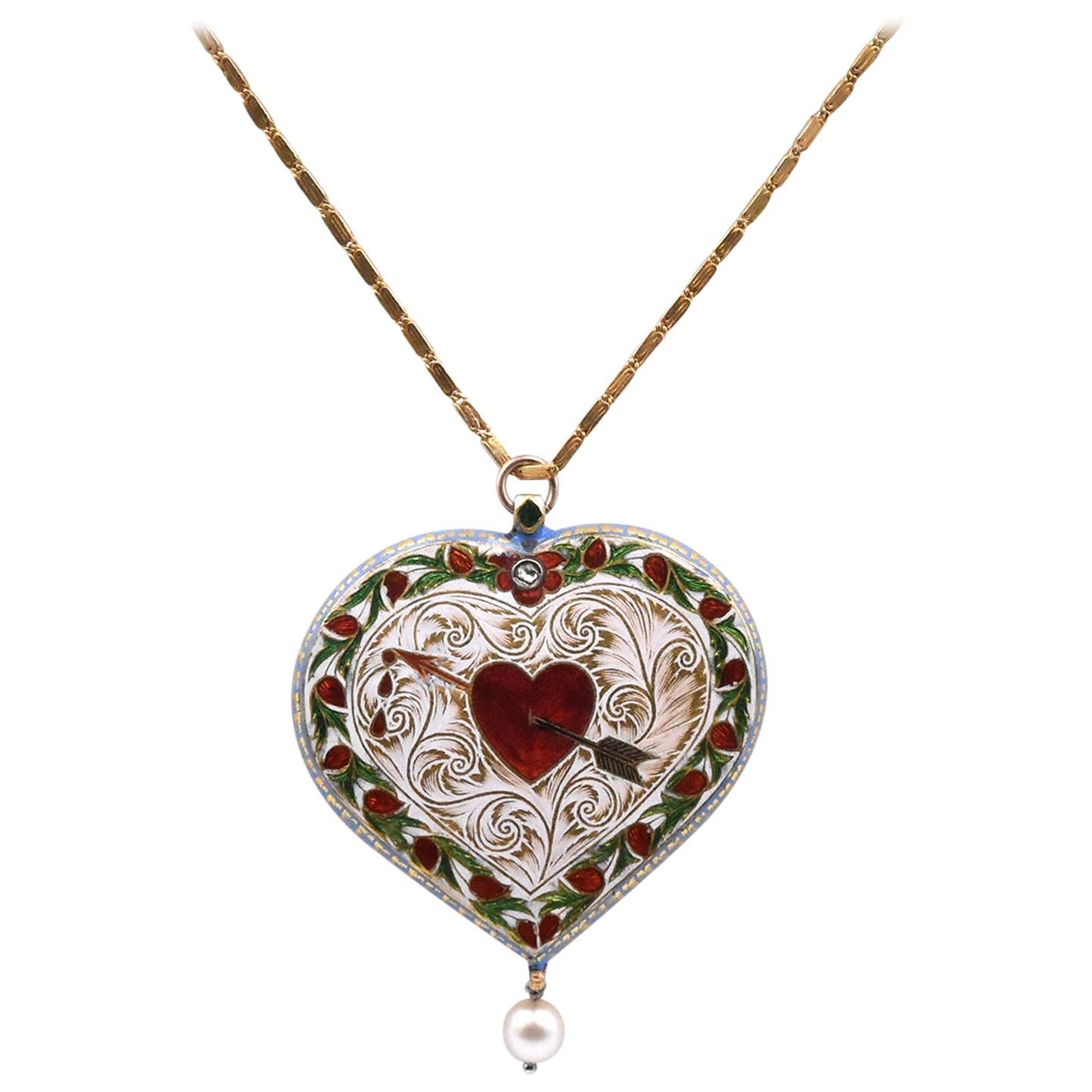 18 Karat Yellow Gold Vintage Enamel Heart Necklace with Pearl Drop