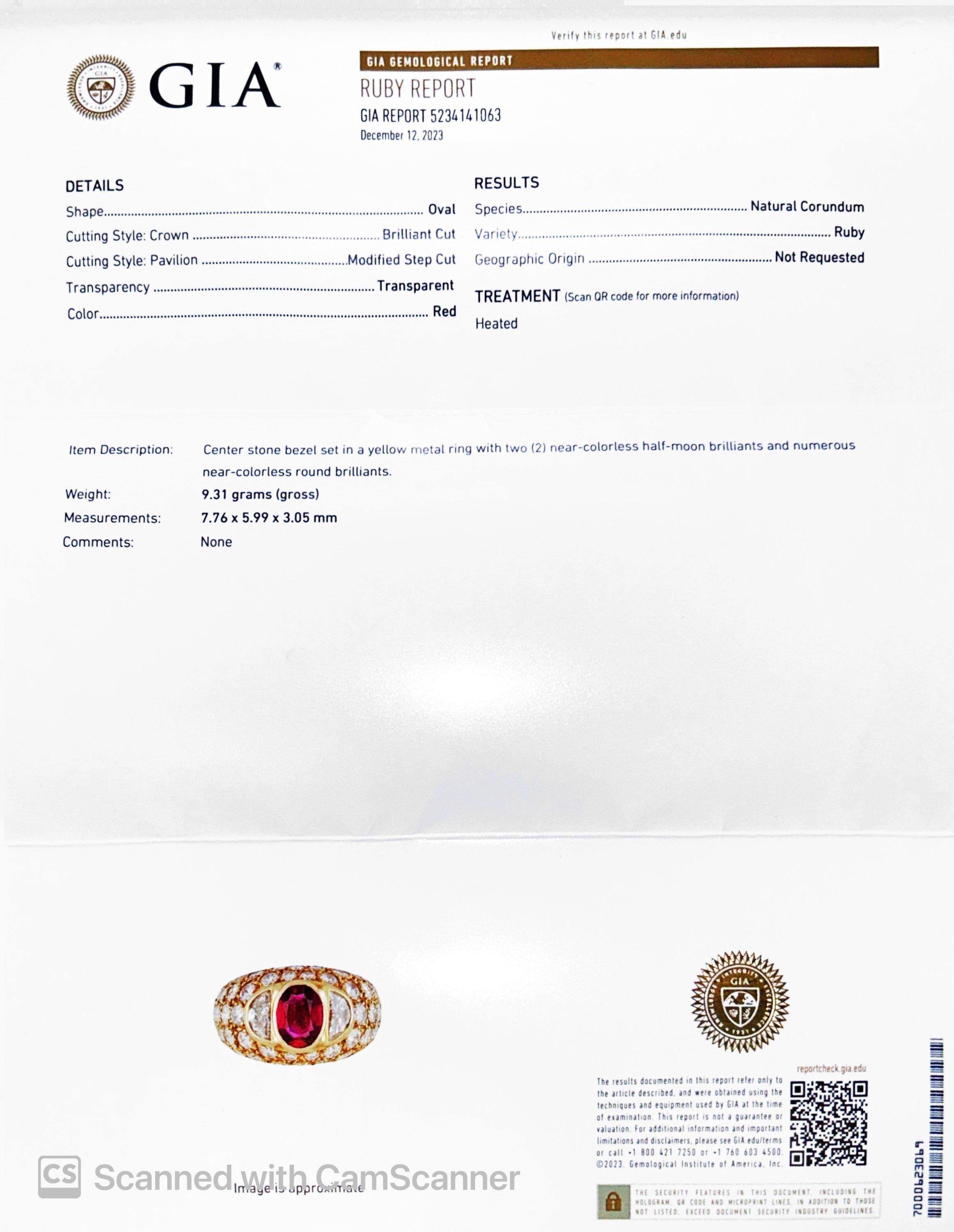 Item Details:
Ring Size: 6
Metal Type: 18K Yellow Gold [Hallmarked, and Tested]
Weight: 9.3 grams

Ruby Details: Natural Ruby, Heated, Red, 2.00ct, with GIA Report#5234141063

Diamond Details: 2.50ct total weight, F Color, VS Clarity, Half Moon