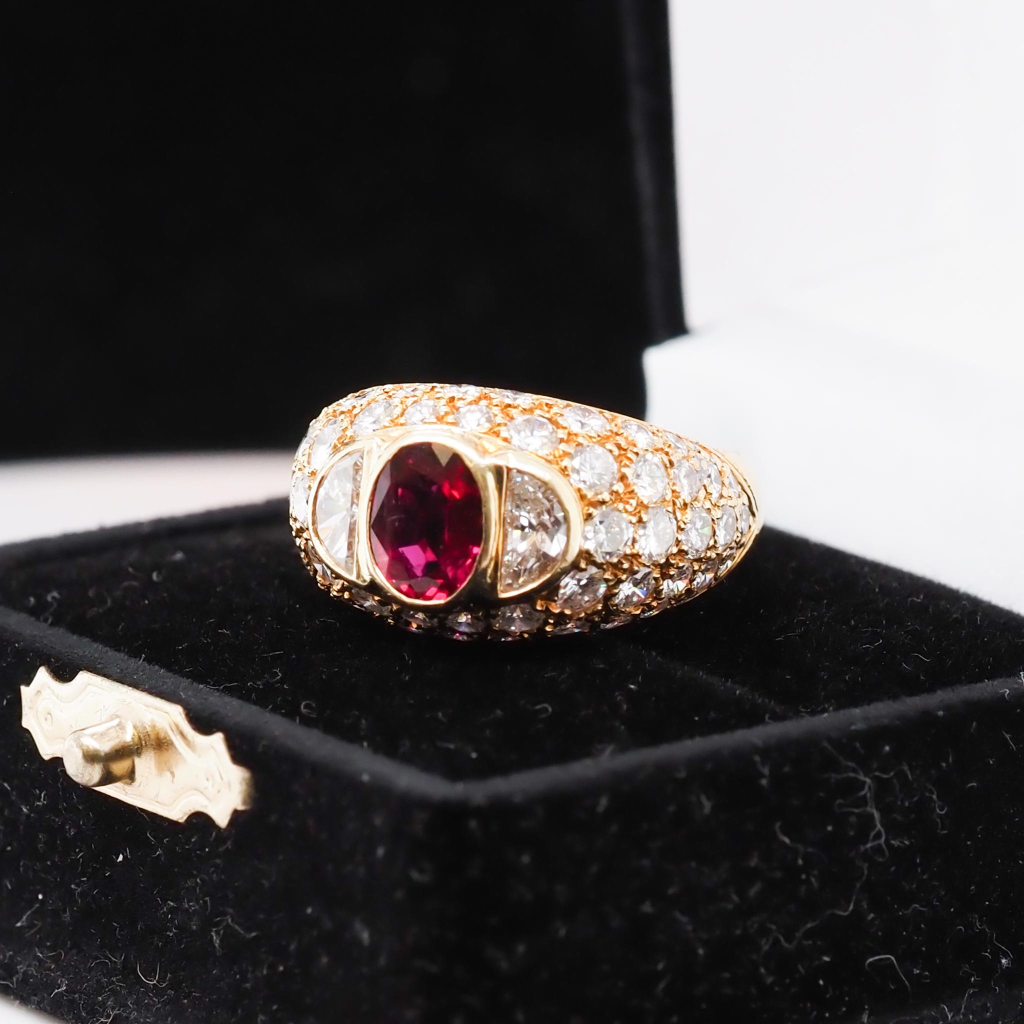 Contemporary 18 Karat Yellow Gold Vintage FOUGERAY Ruby and Diamond Ring with GIA For Sale